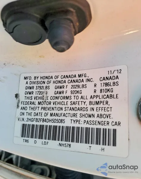 2013 Honda Civic Ex z USA, uszkodzony, nr VIN 2HGFB2F84DH505085